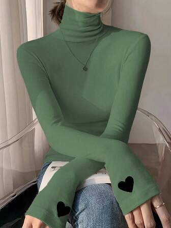 女士心形图案高领长袖修身T恤，适合春夏及圣诞节穿着