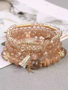 4件套波西米亚风多层串珠流苏手链，适合女性日常佩戴 - 咖啡棕 - 查看 4