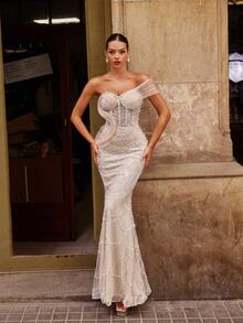 Faeriesty 奢华无肩带美人鱼晚礼服，心形领口设计——精致的珠饰和闪亮的亮片，修身剪裁搭配薄纱罩衫，曳地长裙，尽显红毯、派对、婚礼等场合的优雅风范。 - 香檳色 - 查看 5