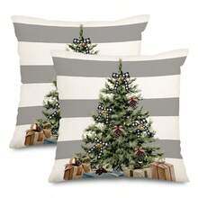 2PCS Christmas Pillowcase Sofa Decoration, Striped Pine Christmas Gift Indoor And Outdoor Decoration, Winter Christmas Farmhouse Party Pillowcase, Single-Sided Without Pillow Insert