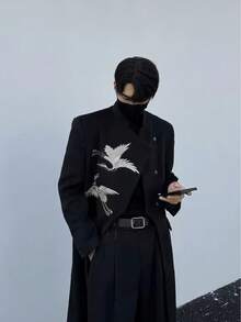 New Chinese Style, Crane, Embroidery, Woolen Fabric, Diagonal Collar, Hidden Button, Silhouette, Fashionable, Versatile, Casual, High-End, Handsome, Coat, Woolen Coat - màu đen - Xem 4