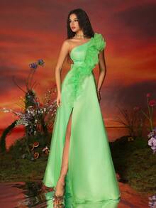VIPGIRL Women's Asymmetric Ruffle Mesh Patchwork High Slit Evening Gown - Green - View 4