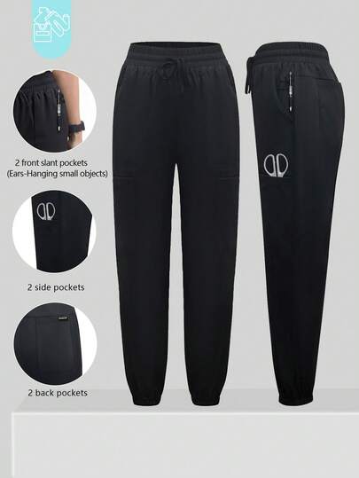 cimmuovere Women's Multi-Pocket Drawstring Solid Color Scrubs Nurse Scrubs Workwear Dentist Healthcare Pet Hospital Laboratory Scrub Uniform Pants Black Spring