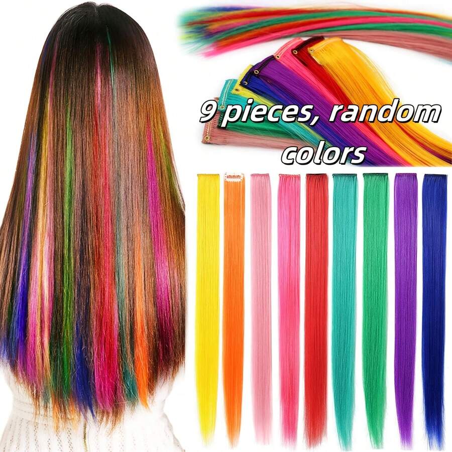 9 pezzi Extension per capelli molletta-in arcobaleno per ragazze - Colori casuali vivaci con molletta facili da applicare e sicure, adatte per feste, uso quotidiano casual e in tutte le stagioni