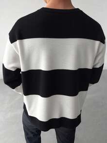 WAIT HIM Men's Casual Black And White Contrast Color Crew Neck Sweater, Long Sleeve Top - Black and White - View 7