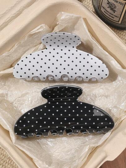 2pcs Acetate Material Black & White Polka Dot Elegant Glossy Minimalist Semi-Circle Hair Claw, Suitable For Beach, Boho Style Hair Accessories For Ponytail, Bun Fashion Hair Clips Elegant Claw Clip Winter Hair Clutch