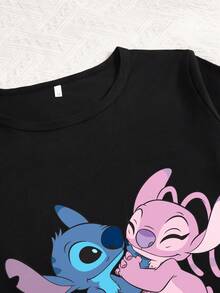 官方授权 Stitch 情侣印花睡衣裤套装，黑色三件套睡衣家居服套装，可爱 Stitch 天使印花，T 恤上衣搭配短裤和长裤。适合情侣和女朋友穿着。 - 黑色 - 查看 2