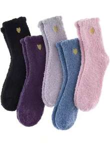 3/5 Paar Winter Herz Thermisch gefütterte dicke, weiche, flauschige warme Socken bis zur Mitte des Knöchels für Frauen, geeignet für Innenräume, Schlafen, Hauskleidung, gemütliche Socken - Verschiedenfarbig - Übersicht 6
