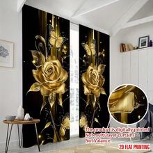 2D Flat, 2-Piece Festive Christmas Decor Window Curtains, Digital Print With Elegant Rose Golden Floral & Butterflies, Christmas Window Curtain Gift For Bedroom, Living Room, Office, Night Curtain Suitable For General Festivities And Winter Holiday Parties, Perfect For Living Room, Kitchen, Bedroom, And Holiday Winter Decor, Outdoor Christmas Decorations, Rod Pocket Design, Fade-Resistant, Xmas Artistic Style - 彩色 - 查看 2