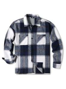 Chaqueta Camisa De Pana Hombre,Camisa Cuadros Hombre de Manga larga Solapa Casual y Versátil , con bolsillo utilitario, para otoño e invierno - Azul oscuro - Ver 8