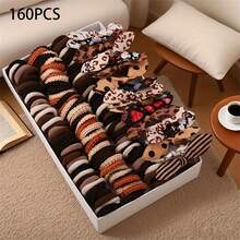 1 Set Of 160PCS Women's Bohemian Hair Accessories - All-In-One Hairpiece Collection, Includes Bunny Ears, Hearts, Flowers, Polka Dots, Stripes, Plaid, Houndstooth, And Solid Styles, Available In Brown, Black, Beige, And Tan - Suitable For All Seasons, Ideal For Daily Wear And Themed Parties (Christmas, Birthdays, Valentine's Day, Easter, New Year) - No Gift Box Included - Perfect Gift For Girls And Women. ,Party ,Ponytail Holders ,Hair Elastics ,Hair Rubber Bands ,Scrunchies ,Hair Rope