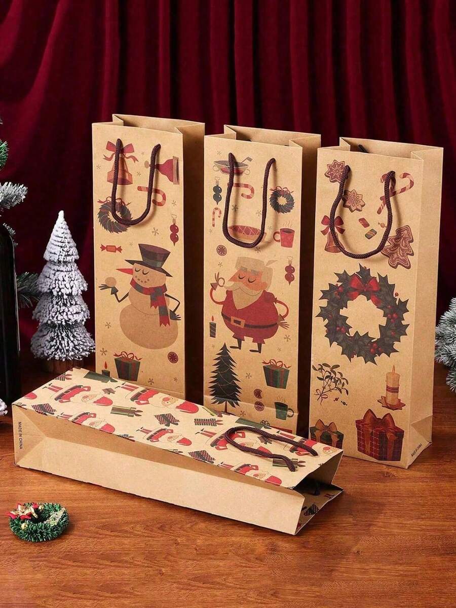 4pcs Christmas Wine Bottle Gift Bags With Handles - Cartoon Santa Claus & Snowman & Wreath Design, Festive Kraft Paper Wine Pouches For Holiday Parties, Celebrations & New Years Presents - Multicolor - View 1