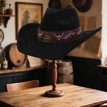 Sombreros de vaquera occidental unisex con banda floral, elegantes sombreros Fedora de ala ancha con cabeza de toro para uso diario y fiestas. - Negro - Ver 5