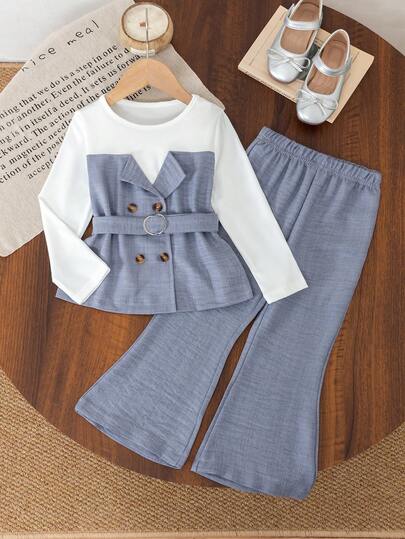 [Non-Denim] Young Girl Fashion Casual Contrast Color Button Round Neck Long Sleeve T-Shirt With Waist Belt & Elastic Waist Straight Leg Pants Set, Suitable For Daily, Home, Outdoor Wear, Spring/Autumn
