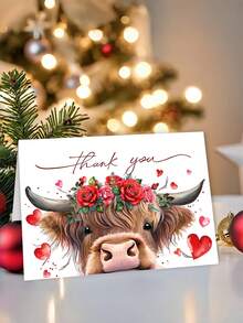 1pc Highland Cow Valentine's Day Thank You Card With Envelope, Cute Scottish Cow Design, Blank Greeting Card For Anniversaries, Weddings & Friendship, Valentine's Gift For Partner, Him, Her And Cow Lovers