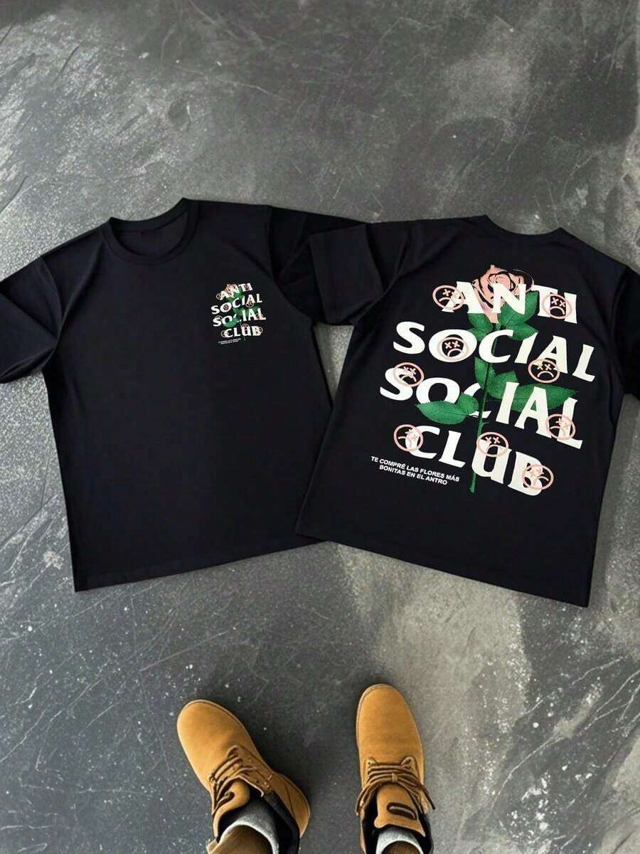 Rose Flower Graphic 1pcs Men's 100% Cotton Tee Streetwear Double Sided Digital Printed 220g T Shirt Anti Social Club Slogan  Short Sleeve Top Casual Cool Tee - màu đen - Xem 1