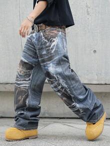 1件美式街头风男士数码印花阔腿牛仔裤，宽松百搭时尚休闲裤，四季皆宜（不含腰带和配饰） - 藍色 - 查看 3