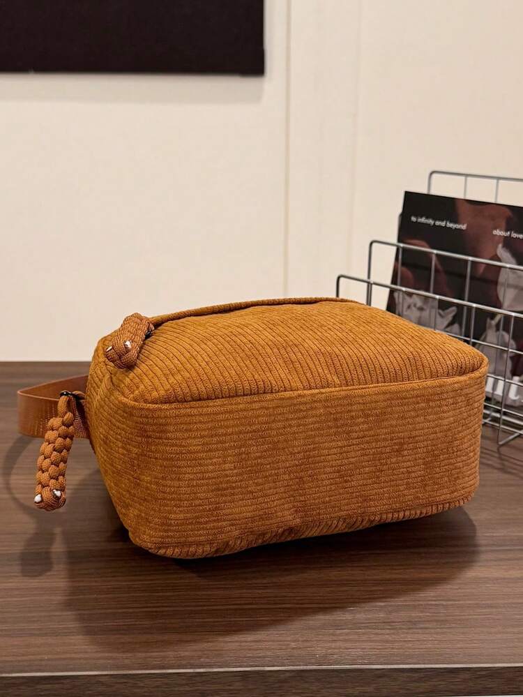 1 pieza Bolso de hombro de moda informal de niña joven de pana con cierre de cremallera, adecuado para uso diario - Bolso de pana - Añade 8