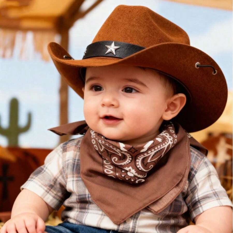 Babykostüm im Western-Cowboy-Stil - stilvoller brauner Ledercowboyhut + retrobedrucktes Lätzchen, süßer Kinderfotorequisit, unisex für Baby Jungen und -mädchen, Neugeborenen-Modeoutfit, -tauglich, Baby-Shower/Geburtstags-Geschenk, Baby-Fotorequisit