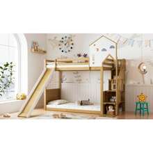 Etagenbett, Hausbett, Kinderbett, Bett mit Ecktreppe, Kinderbett mit Dach und Fenster, Kinderbett mit 3 Schließfächern in der Treppe, Etagenbett mit Rutsche, Kiefer+MDF, Weiß+Natur, 90x200cm