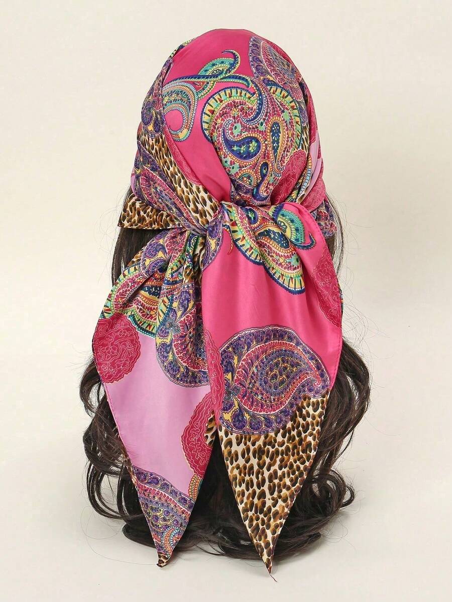 1pc Moonlight Silk Chain Geometric Print Headscarf Bandana 85cm Bandana,Hair Band,Head Band Ideal For Dressing Up Your Look - 玫瑰紅 - 查看 1