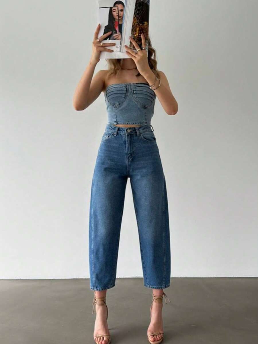 Casual Commute Washed High Waist Tapered Jeans