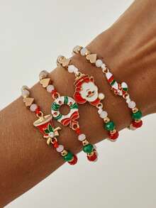 4 piezas Pulsera ajustable con cuentas de reno y Papá Noel de estilo navideño, set de accesorios minimalistas con campana y corona, decoración navideña
