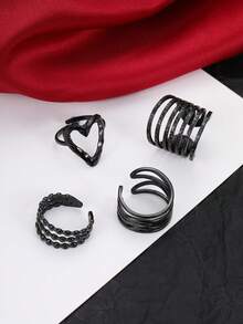 4 pezzi Set di anelli in acciaio inossidabile nero con texture martellata, stile gotico, a più strati con perline e cuori, adatto come decorazione o regalo di Ognissanti per le donne - nero - Visualizzare 2