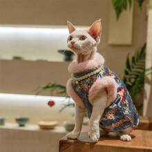 Autumn/Winter Chinese-Style Velvet Cheongsam, Chinese-Style Lunar New Year Cat Costume, Brocade Sash With Fur Collar, Festive Chinese-Style Pet Outfit With Warmth And Style