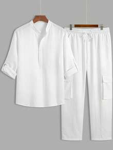 Plus Size Men's Breathable Casual Solid Color Mandarin Collar Button-Up Long Sleeve Shirt With Cuff Design, Loose Fit Lightweight, Paired With Solid Color Pants, Ideal For Outings And Commuting, 2-Piece Set