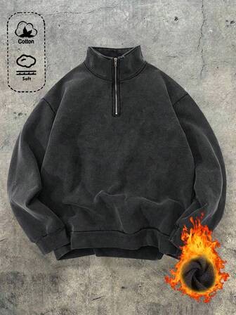 Men's Fashionable Half-Zip Stand Collar Solid Color Long Sleeve Pullover Quarter Zip Sweatshirt, Street Style, Back To School, Autumn/Winter