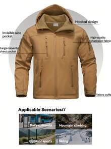 2Pcs Men's Tactical Jacket & Pants With Full-Length Zipper, Multi-Pocket Design Winter Outdoor Gear For Skiing, Camping, Hiking, Training - Machine Washable Winter Sports & Tactical Warm Fleece Jacket & Pants Set - Khaki - View 4