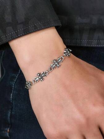 1pc Men's Punk Style Cross Bracelet, Distressed Finish Cross Bracelet For Men, Fashionable & Personalized Accessory, Thoughtful Gift For Boyfriend