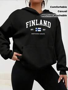 Women's Finland Hoodie - Heather Gray Casual Pullover With Finnish Flag & "EST 1917 NORTHERN EUROPE" Print, Machine Washable All-Season Comfort Sweatshirt For Women, Hooded Neckline, Comfortable - 黑色 - 查看 8