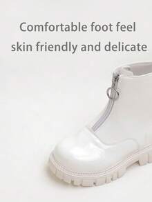 1 Pair Minimalist Solid Color Front Zipper Glossy Children Boots, Suitable For Outdoor Play, Autumn/Winter Season
