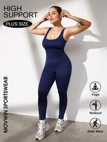 Plus Size Curve Woman Activewear Yoga Clothes Seamless Gym Sports High Support Moisture Wicking Workouts Breathable Outdoor Plus Size Curve Tummy Control High Elasticity Straps Gym Women Outfit Women's Seamless Yoga Bodysuit - Navy Blue - View 8