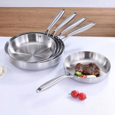 304 Stainless Steel Scratch Resistant And Wear-Resistant Frying Pan, Thick Three-Layer Steel Uncoated Non Stick Pan, Suitable For Gas Stoves And Induction Cookers, Steak And Vegetable Frying Pans - Durable And Easy To Clean Kitchen Utensils, Modern Household Cooking Utensils, Sturdy Structure, Essential For Kitchens