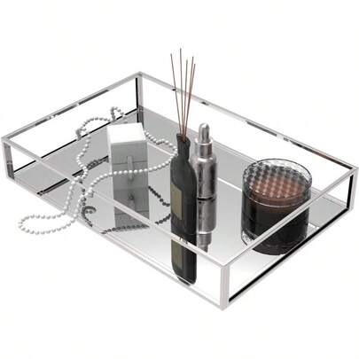 Cq Acrylic Decorative TraySilver Mirror Tray For Jewelry Bathroom Vanity Tray Jewelry Tray Storage Organizer Makeup Tray For Vanity And Dresser Pack Of 1