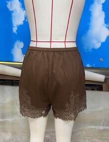 Women Pettipants  Shorts Lace Trim Satin Silk Bloomers Bottoms Elastic Waist Lace  Shorts - 棕色 - 查看 8