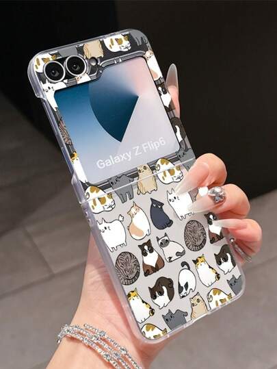 1pc Fashionable And Simple Frosted PC Material Cute Mom Full Screen Cat Element Folding Phone Case, Can Protect And Prevent Falling: SamsungGalaxy Zflip 3/Zflip 4/Zflip 5/Zflip 6/Zflip 7/OPPO Find N3 Flip/ Razr 50 Ultra/ Razr 60 Ultra/ Razr 60/ Rolla Razr 50/XiaomiMIX Flip/Galaxy Z Flip7 FE