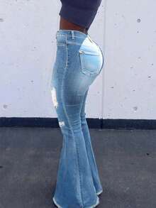 Mid-Rise Hip-Lifting Jeans For Women, With Flared Legs, Zipper Pockets, Sexy Curve-Hugging Flare Leggings, Unprocessed Fed Hem. - 淺色水洗藍 - 查看 3
