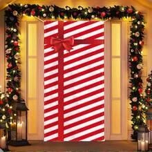 Christmas Door Cover Decoration Creative Diagonal Stripes Letter Large Bow Pattern Holiday Front Door Wrap For Home Party Decor - Red - View 3