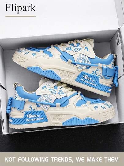 Flipark 1 par de zapatos planos de patinaje con cordones y estampado de letras en PU para hombres, zapatos deportivos resistentes al desgaste para exteriores