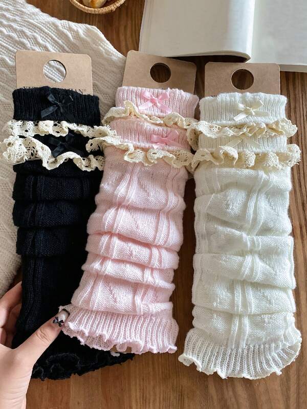 1/2/3 Pairs Women Multicolor Leg Warmers, Slimming Leg Warmers, Knitted Lace Ruffle Bow Heart Decor Knee High Leg Warmers, Versatile For Spring/Autumn/Winter, Cozy