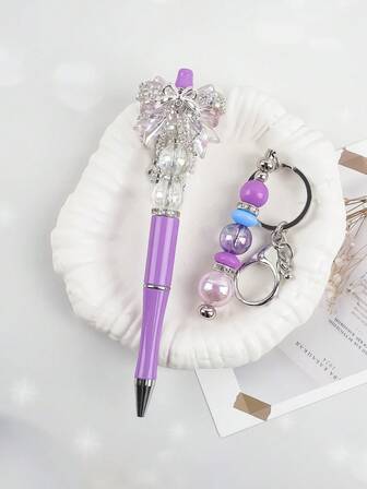1 Set Bling Bling Bow Rhinestone Decor Pen + Matching Beaded Keychain, Girly Stationery & Accessory Gift Set, Back To School Present For Friends & Family