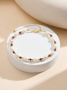 AETOLIA S925 Sterling Silver Natural Freshwater Pearl Bracelet, Handmade Original Design With Turquoise/Lapis Lazuli/Malachite/Amazonite/Garnet, Vintage Fairy Style, Adjustable Sliding Chain, Suitable For Women's Daily, Commute, Wedding Wear - Gold - View 12