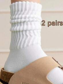 1/2/3/4 Pairs Crew Socks For Women Multipairs Cushioned Athletic Socks Retro Slouch Socks Mid Calf Rib Tube Socks - White - View 11