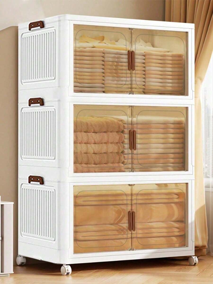 3 Layers Plastic Storage Box Organizer, Stackable Storage Box, Covered Storage Box, Storage Container Organizer For Kitchen, Bedroom, Living Room, Study, Office, Foldable Storage Box, Space Saving, Practical Storage Cabinet - White - View 1