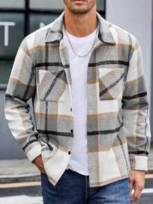 Chaqueta Camisa De Pana Hombre,Camisa Cuadros Hombre de Manga larga Solapa Casual y Versátil , con bolsillo utilitario, para otoño e invierno - Albaricoque - Ver 4