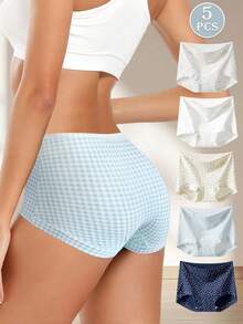 5pcs Women High Waist Printed Soft Cotton Stretch Briefs, Comfortable Fitted Panties - Multicolor - View 4